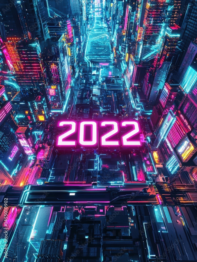A futuristic city skyline glows with neon colors and illuminated buildings at night. The year 2022 is prominently featured in bright pink letters above a bustling metropolis.