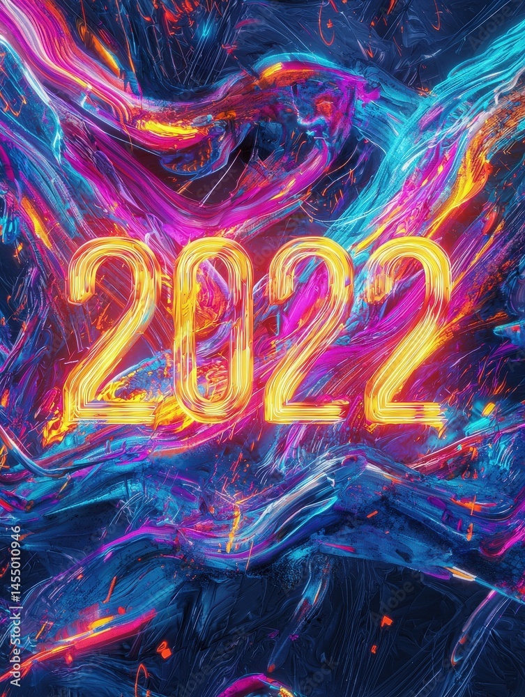 Bold neon numbers representing 2022 stand out against a dynamic, abstract background filled with vivid colors and swirling patterns, creating an energetic and modern atmosphere.