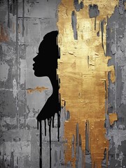 Poster - Elegant silhouette adorned with gold accents against a textured, gray background representing beauty and artistry