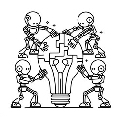 Poster - Robots collaborating to hold a giant light bulb in a vector style , single line outline vector 
