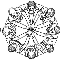 Poster - Team Collaboration in a Circle with Joined Hands Outline, single line outline vector  