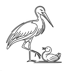 Poster - Stork and Duckling in a Single Line Outline Vector Style, single line outline vector