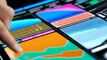 Person interacting with a graphical user interface on a digital tablet or screen, navigating interface with finger, touching color swatches.