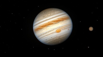 Wall Mural - Stunning jupiter planet image with detailed atmosphere and moon gas red sky dark space stars giant
