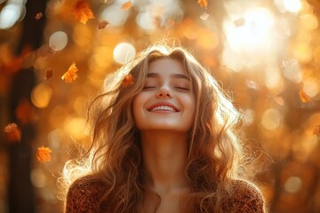 Aufkleber - Young woman enjoying a sunny autumn day as leaves fall gracefully around her in a vibrant forest setting