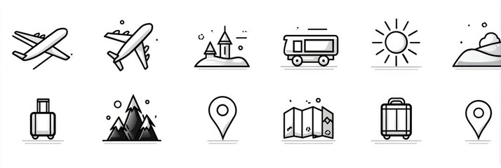 Poster - Explore Travel Icons Depicting Various Modes of Transport and Destinations for Adventure and Leisure at Any Time of Year Generative AI