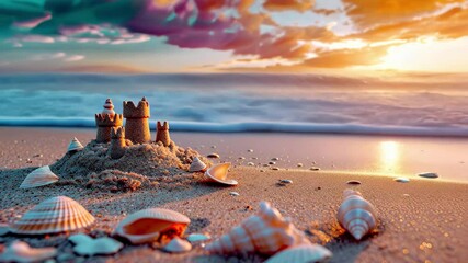 Aufkleber - Beautiful sandy beach at sunset with a detailed sandcastle and seashells scattered on the shore