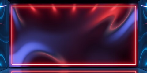 Poster - A vibrant stage with red neon frame and blue and red abstract smoke in the background