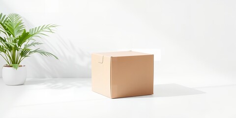 Poster - A cardboard box on a white surface next to a potted plant in a bright and minimalist setting