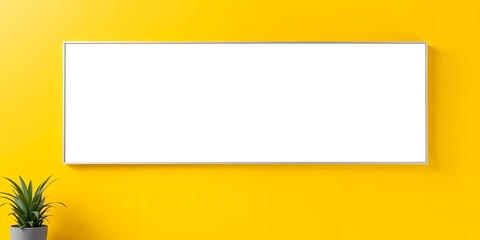 Poster - Horizontal blank white frame on a yellow wall with a plant in the corner of the room