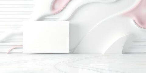 Poster - A white square in a bright studio with abstract white and pink wavy background elements