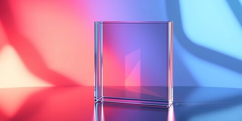 Poster - A transparent glass cube reflecting red and blue lights on a glossy surface studio shot