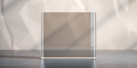 Poster - A clear glass cube sitting on a reflective surface with shadows on the background wall