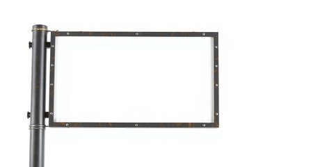 Poster - A blank white sign with a metal frame attached to a dark metal pole on white background