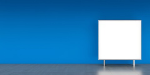 Poster - Whiteboard standing against a blue wall in a minimalist setting with gray floor space