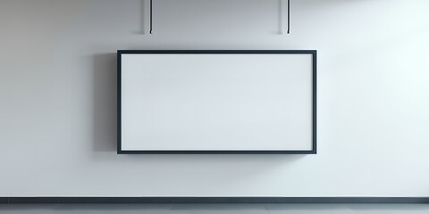 Poster - A blank rectangular frame hanging on a white wall with two black hanging wires above it