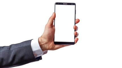 businessman hand holding modern smartphone isolated on white background,empty,digital