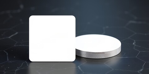 Poster - A white square and a round platform on a dark marble surface for product presentation