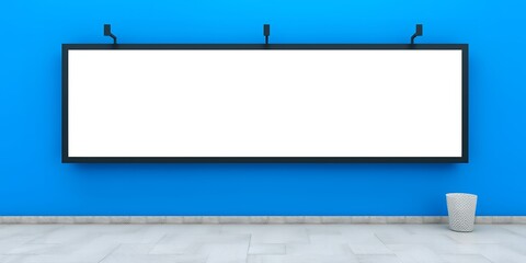 Poster - A blank white billboard against a blue wall with a trash can in the corner of the room