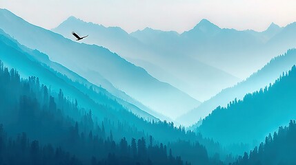    A bird soaring above a majestic mountain range, with another bird gracefully gliding over the trees below