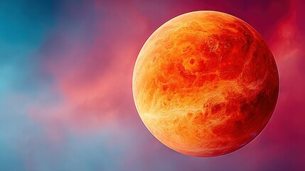 Wall Mural - a zoomed-in picture of a reddish and yellowish thing floating against a blue and pink backdrop in th