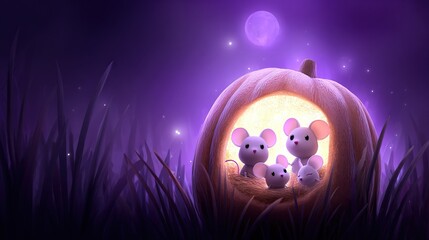 Wall Mural - a group of mice on a pumpkin in the grass under the moonlight