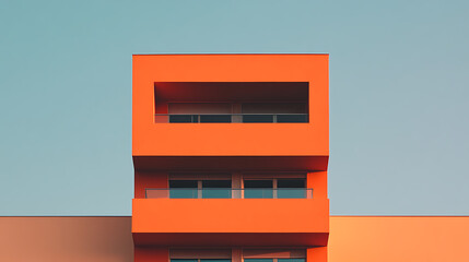 Aufkleber - Minimalist orange building against a light blue sky. Modern architectural design with clean lines and geometric shapes. Balconies and windows. Calm and peaceful.
