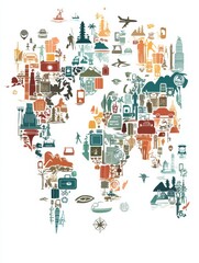 Fototapete - Explore a Minimalist World Map Crafted From Various Travel Icons Showcasing Adventure and Destinations Across the Globe Generative AI