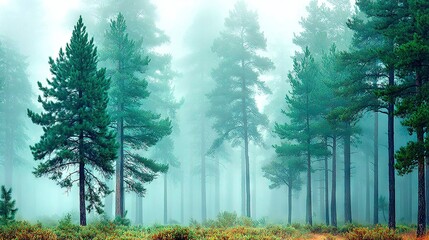 Fototapete -   A foggy forest brims with numerous trees, & a lone fire hydrant stands amidst
