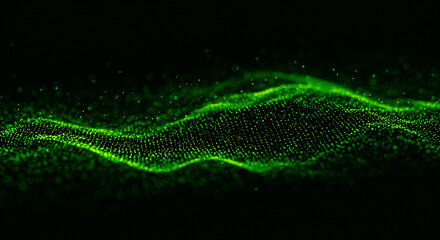 Poster - A green digital wave pattern with small particles floating on a dark black background in a horizontal view