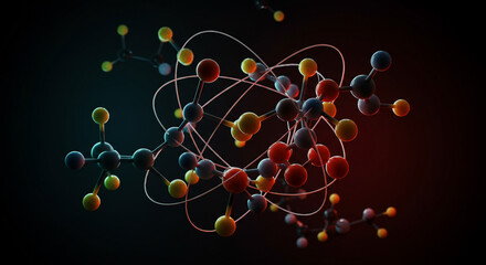 Poster - Abstract depiction of interconnected molecules with vibrant color spheres on a dark background