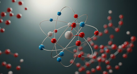 Poster - A detailed rendering of an atom model with orbiting electrons on a dark gray background