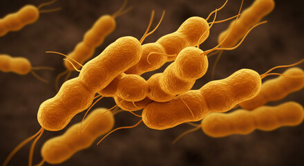 Poster - A microscopic view of vibrio cholerae bacteria with flagella on a dark brown background detail