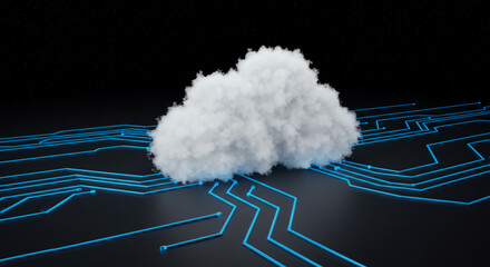 Poster - A fluffy white cloud resting on a network of glowing blue lines against a black background