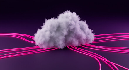 Poster - A fluffy cloud connected by pink lines against a dark purple gradient background in a digital render