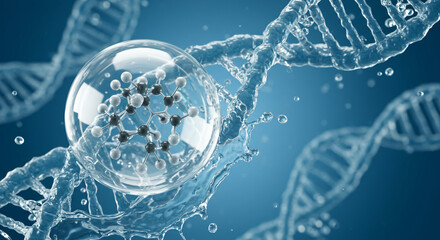 Poster - A molecule inside a water bubble with dna strands and water splashes on a blue gradient background