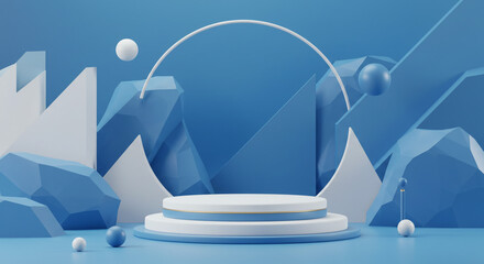Poster - A blue and white podium with a ring and geometric shapes in a studio background display scene
