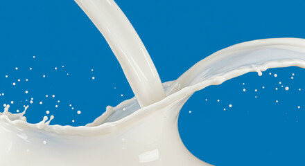 Poster - A stream of white liquid pouring into a pool of white liquid against a blue background studio shot