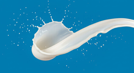 Poster - A dynamic milk splash with droplets on a vibrant blue background creating a fluid motion effect