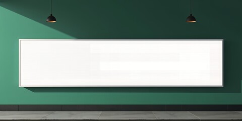 Poster - A blank white billboard on a green wall with two hanging lights above it in a modern setting