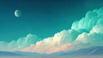 Wall Mural - a painting depicts a moonlit night sky, cloudy and serene, with distant mountains silhouetted agains