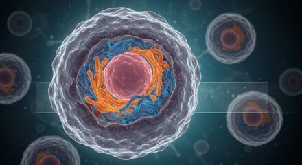 Poster - A detailed rendering of cells showing internal structures on a dark teal background with more cells