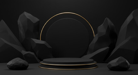 Poster - A black podium with gold trim surrounded by dark rocks and a gold circle in the background