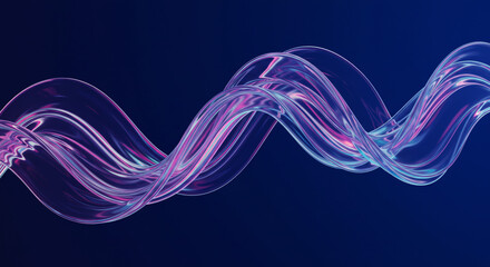 Poster - Abstract wavy clear glass ribbon with purple and pink hues against a dark blue background design
