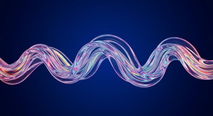 Poster - Iridescent transparent wavy shape against a dark blue background creating a fluid design element