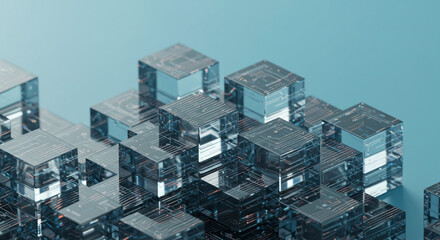 Poster - A close up view of transparent cubes with circuit patterns on a light blue background forming a grid