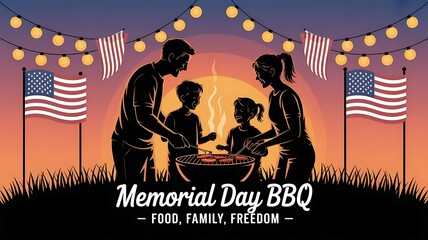 Aufkleber - illustration in silhouette style showing a family at a BBQ during sunset with flags and string lights Memorial Day BBQ – Food, memorial day banner for web template created with generative ai