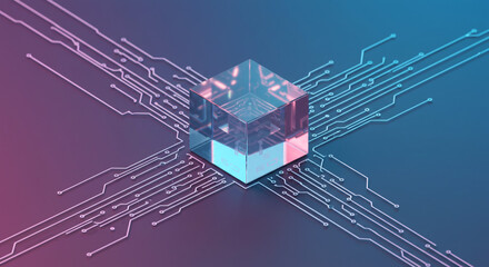 Poster - Clear cube on circuit board with pink and blue gradient background in a digital technology concept