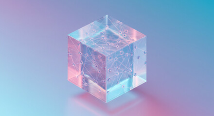 Poster - A translucent cube with internal network structure on a gradient background of blue and pink hues