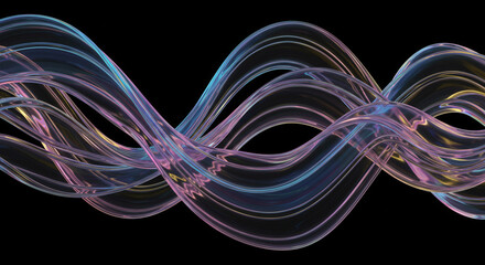 Poster - Abstract wavy transparent iridescent tubes against a black background in a horizontal orientation